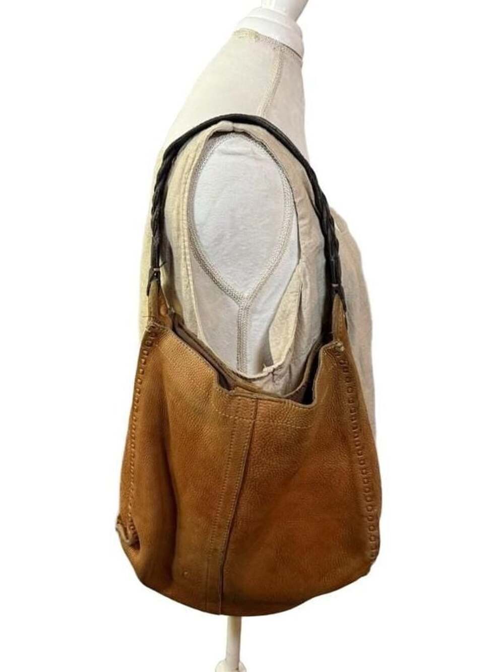 Lucky Brand Brown Leather Hobo Shoulder Bag with Braided Strap and Stitching Det